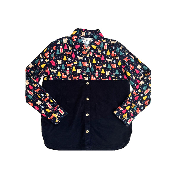 Yak & Yeti Shirt M/L Christmas Trees Animals Dark-Blue Cotton Corduroy Top NWT - Picture 1 of 12